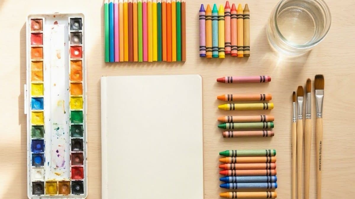 Assorted art supplies laid out on a wooden table including watercolors, brushes, colored pencils, and sketchbooks