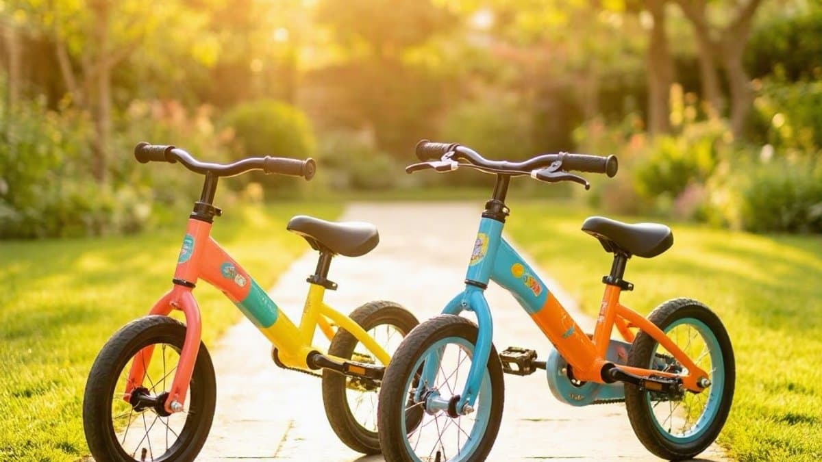 Child riding a balance bike on a sunny path through a park