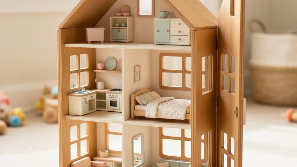 Beautiful wooden dollhouse with multiple rooms, furniture, and small dolls inside