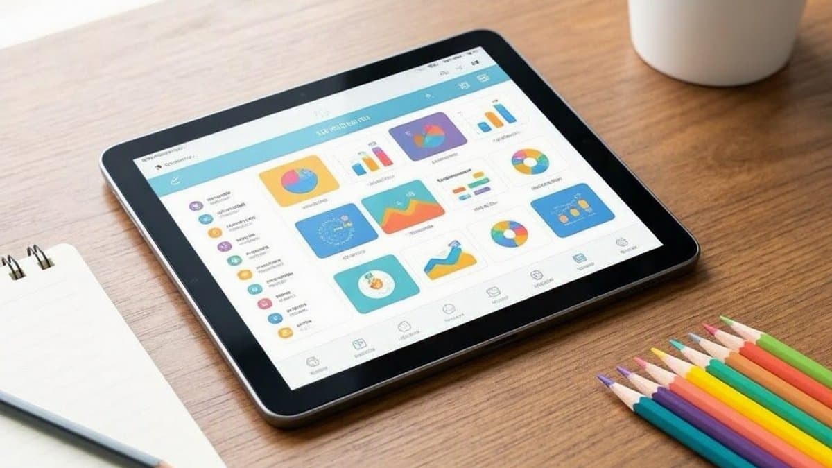 Child using an educational app on an iPad with a notebook and colored pencils nearby