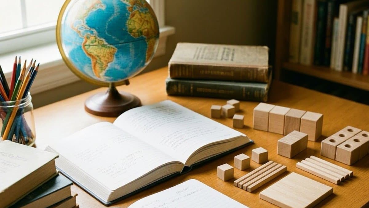 Fifth grader reading a chapter book at a desk with notebooks, math materials, and a globe