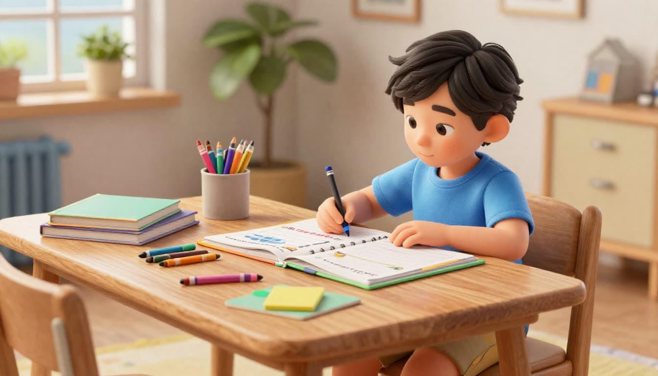 First grader working at a table with colorful learning materials and books