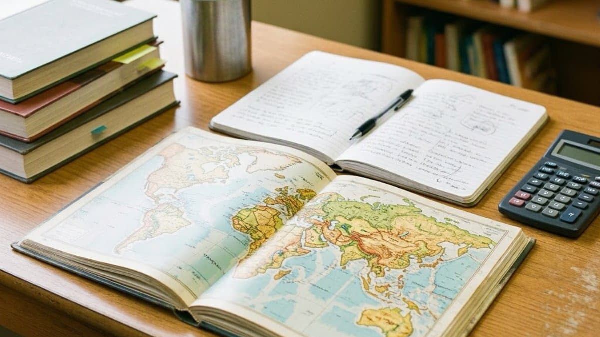 Sixth grader studying history with maps, books, and notebooks at a desk
