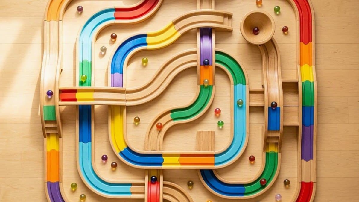 Elaborate wooden marble run with marbles rolling through colorful tracks and chutes