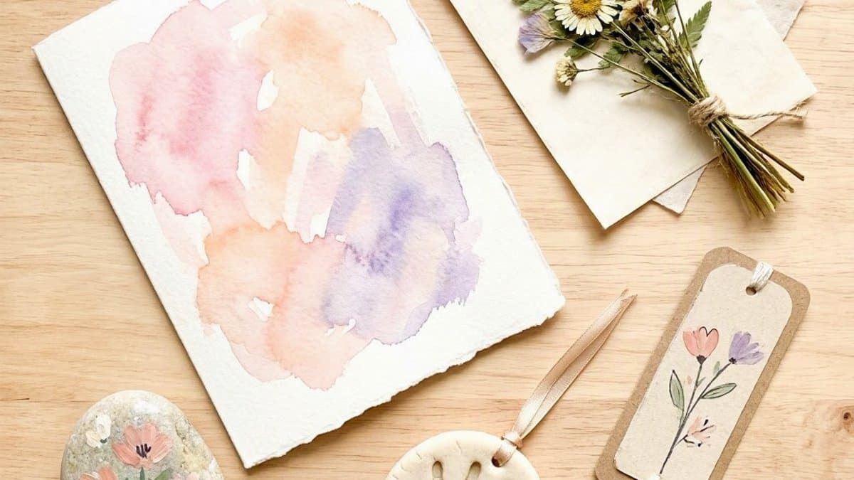 Child's handmade Mother's Day card with pressed flowers and watercolor painted message