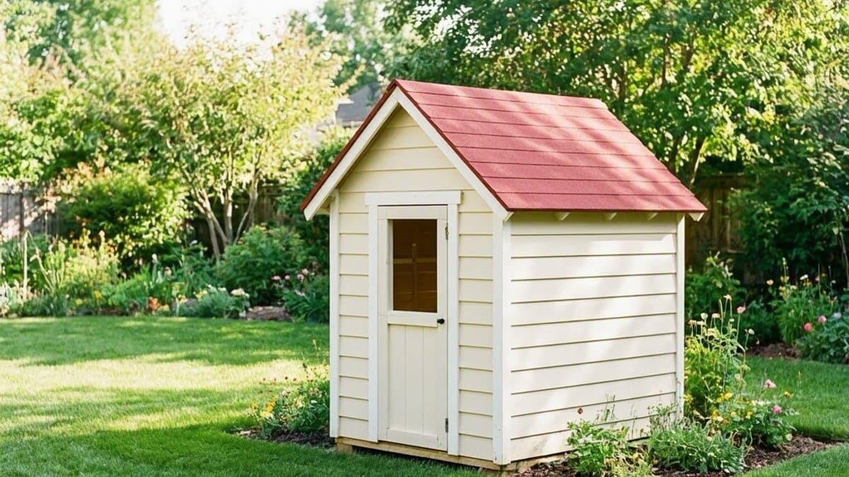Wooden playhouse with red roof in a sunny backyard garden setting