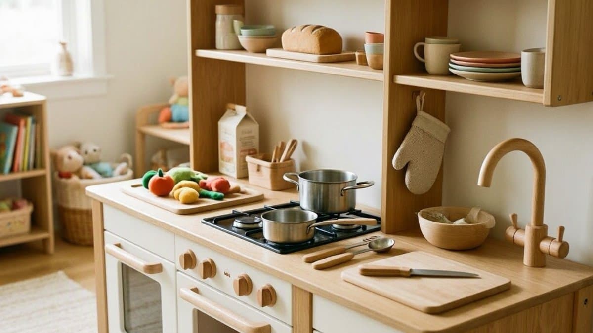 Wooden play kitchen with pretend food, pots, and utensils set up in a child's playroom