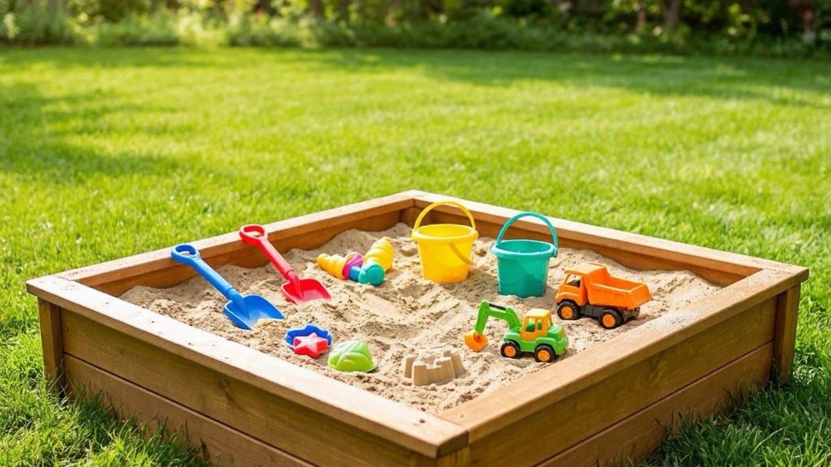 Children playing with shovels and buckets in a wooden sandbox in a sunny backyard