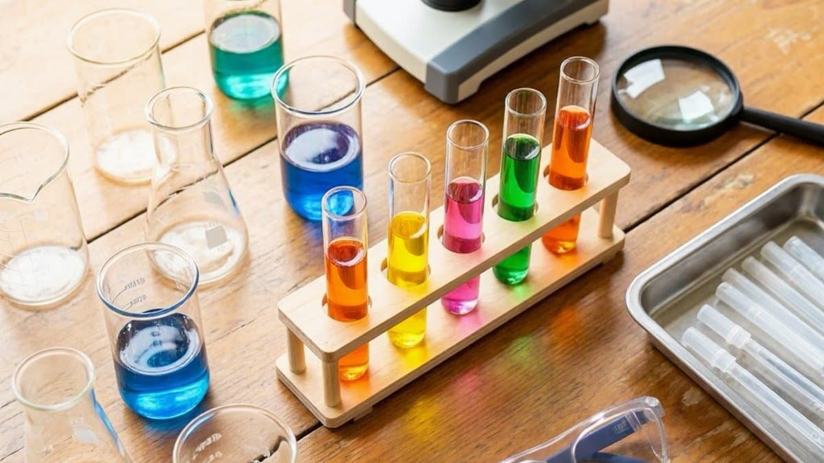 Science experiment kit with test tubes, beakers, colorful liquids, and lab materials arranged on a wooden table