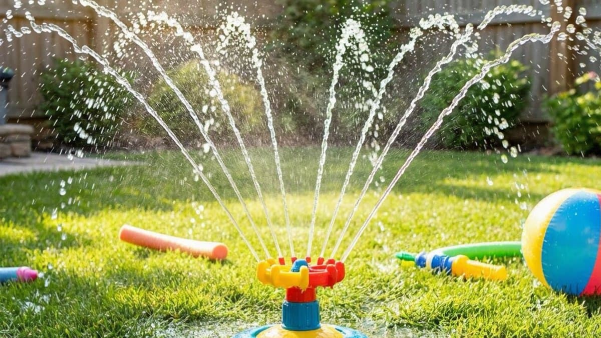 Children running through a colorful backyard sprinkler on green grass on a sunny day