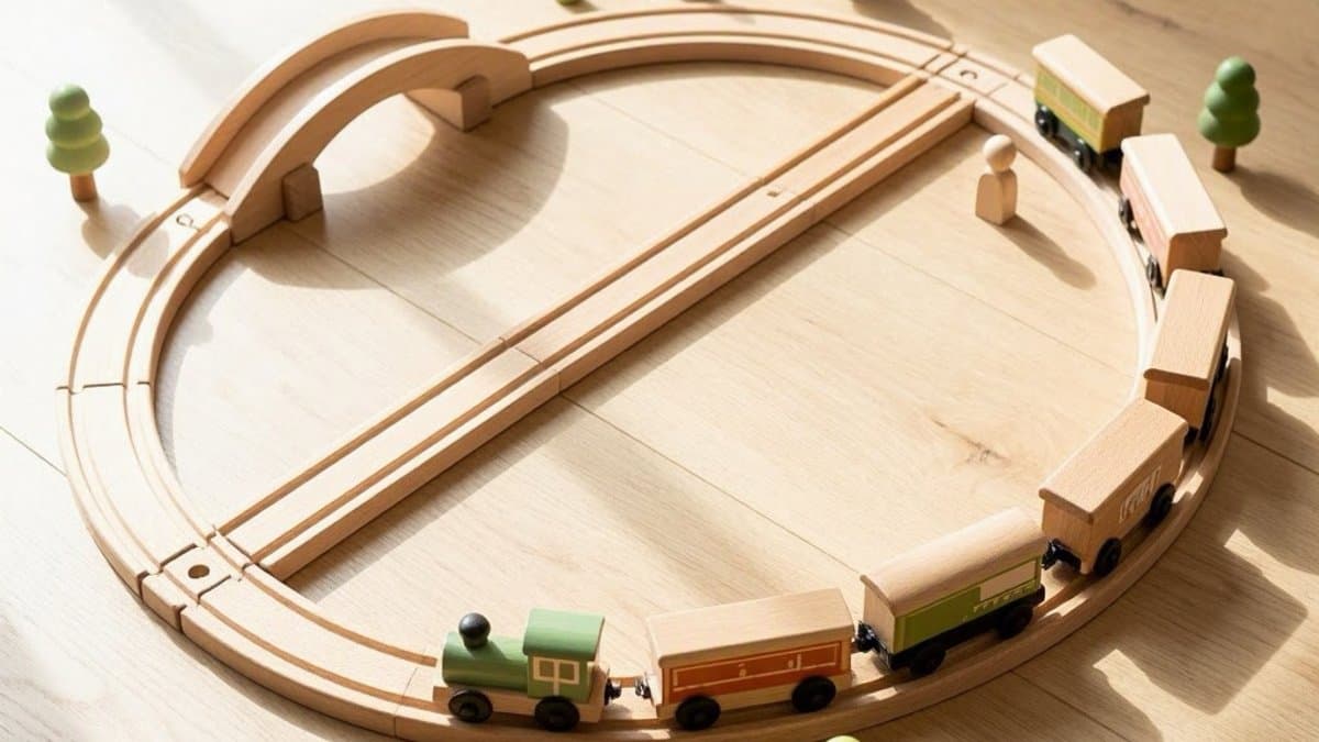 Wooden train set arranged on a wooden floor with multiple cars, tracks, and bridges