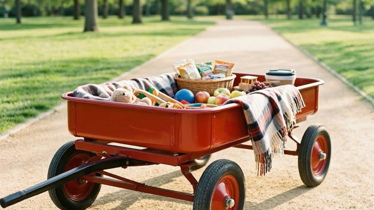 Children riding in a sturdy red wagon on a sunny park path