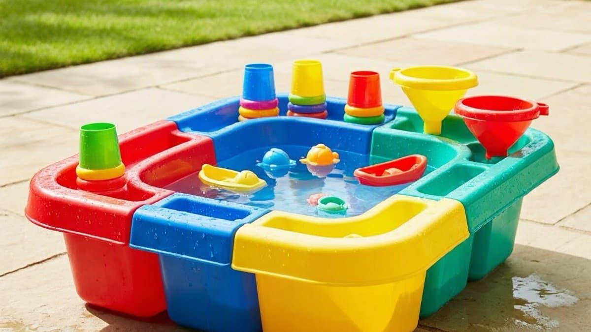 Toddlers playing at a colorful water table with cups, funnels, and floating toys