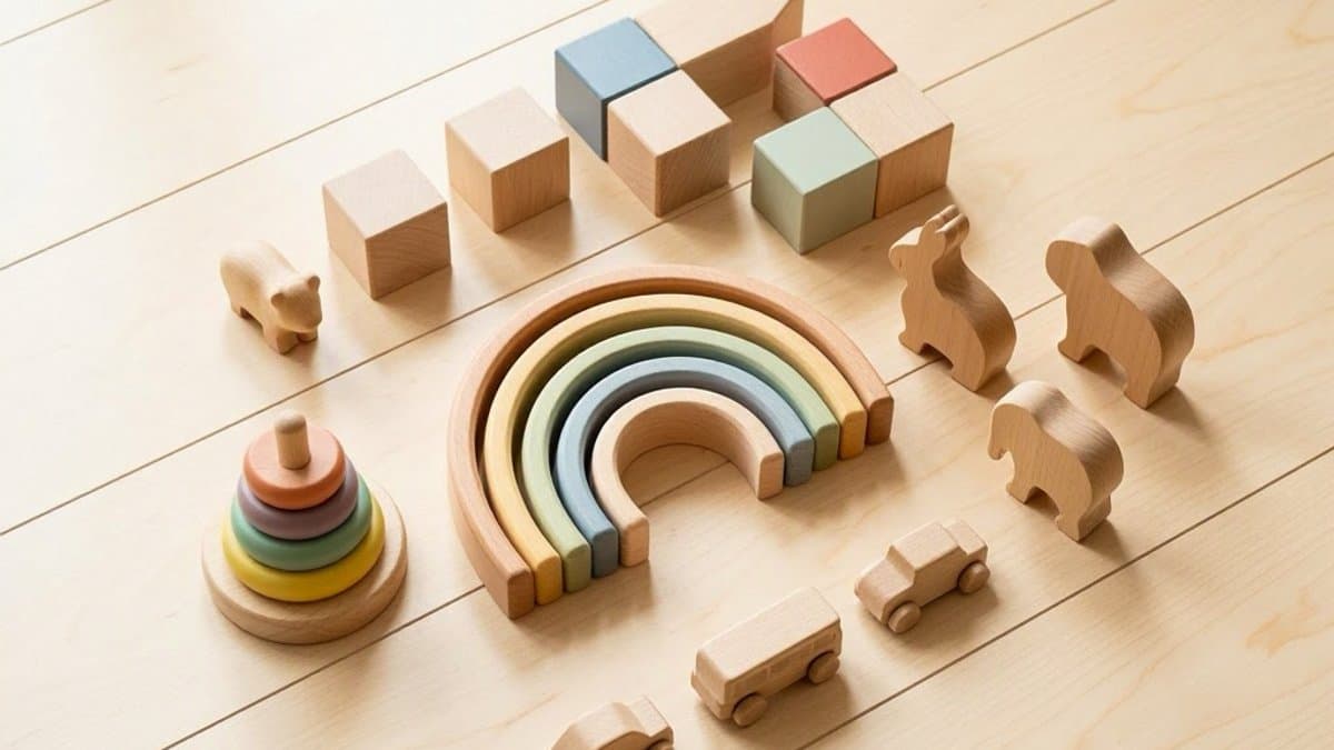 Collection of high-quality wooden toys including stacking rings, blocks, and figures arranged on a wooden floor