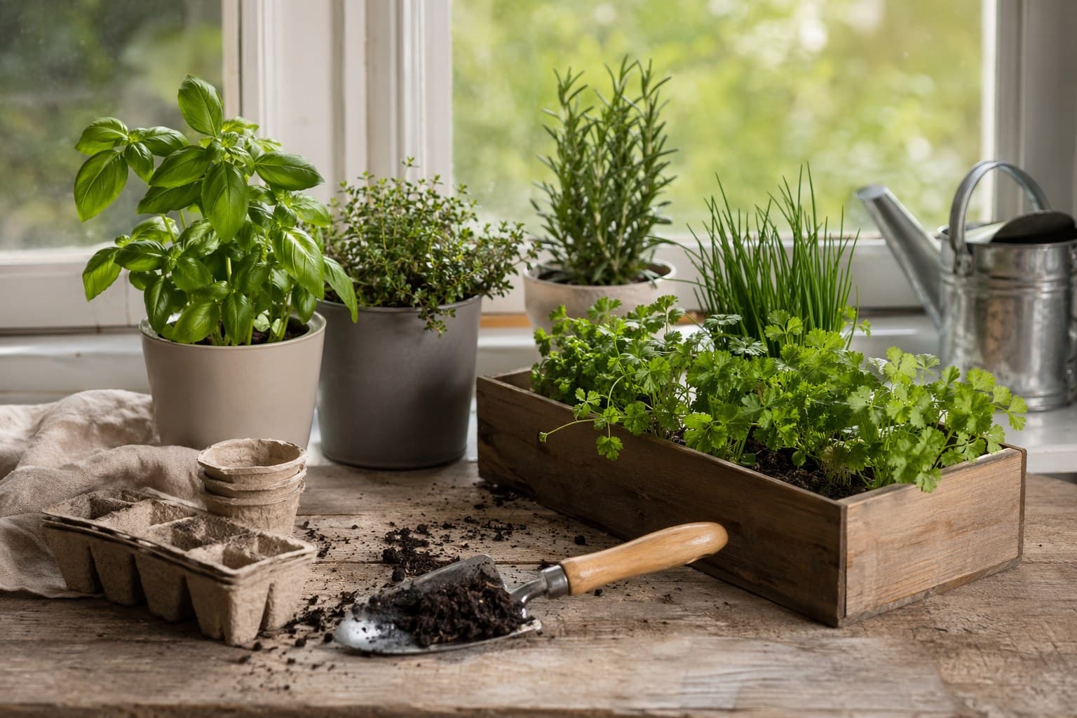 A child pinching a basil leaf and lifting it to smell beside a row of small herb pots