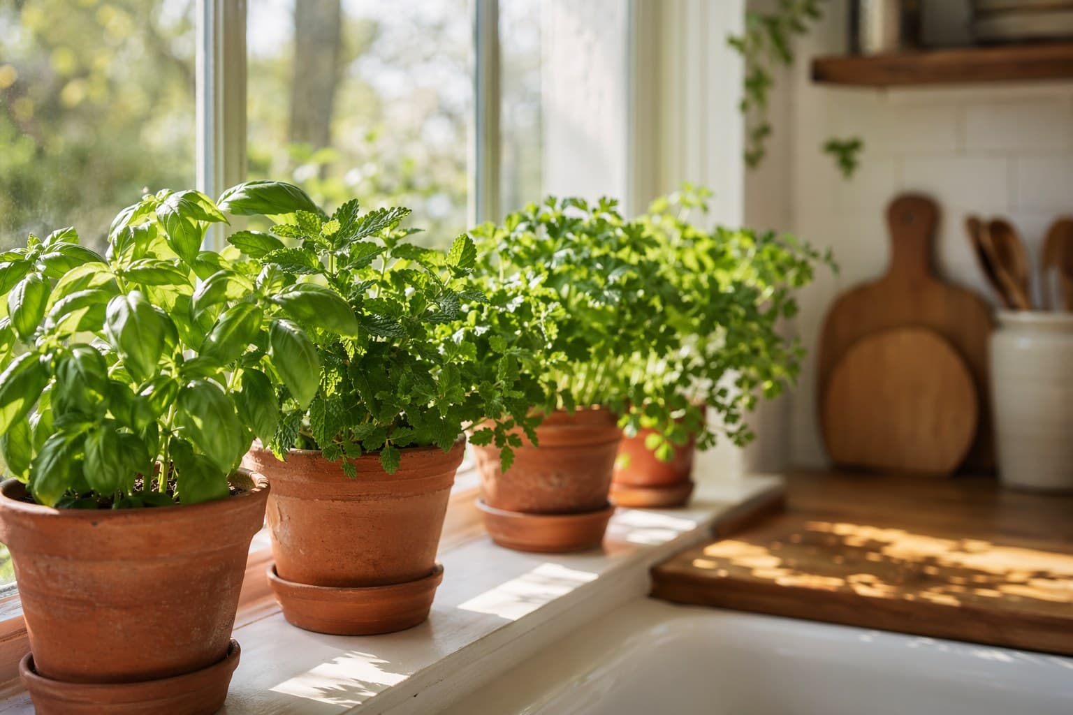 Pots of fresh basil, mint, and parsley lined up on a sunny kitchen windowsill