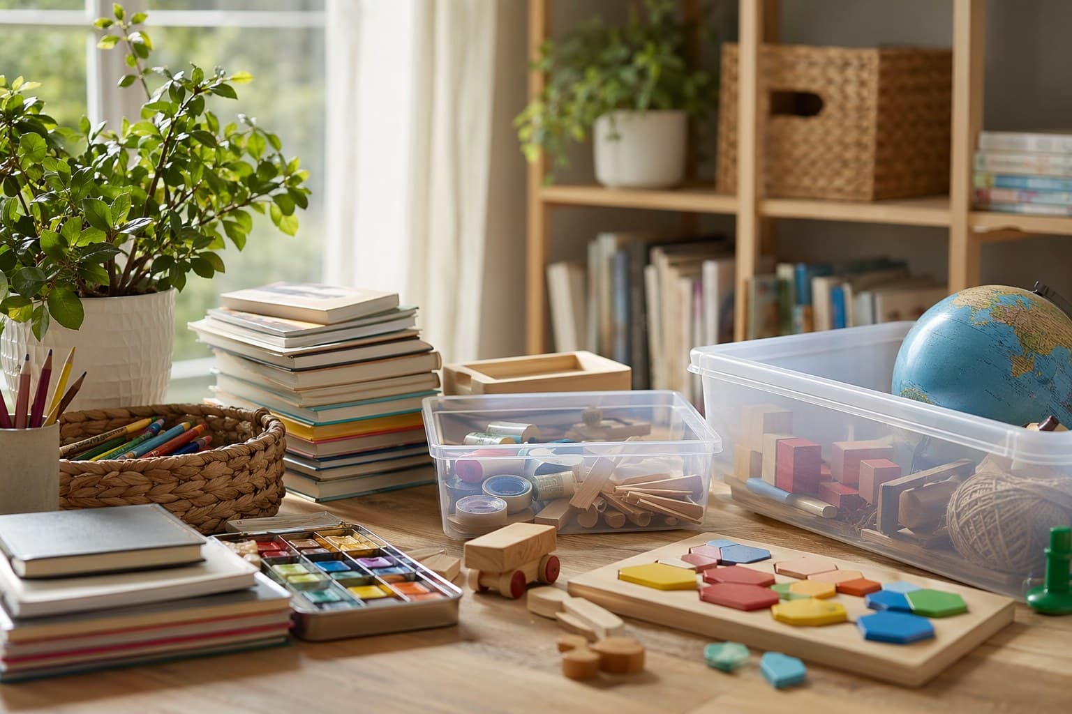 Child sorting school supplies into labeled boxes on a sunlit wooden floor