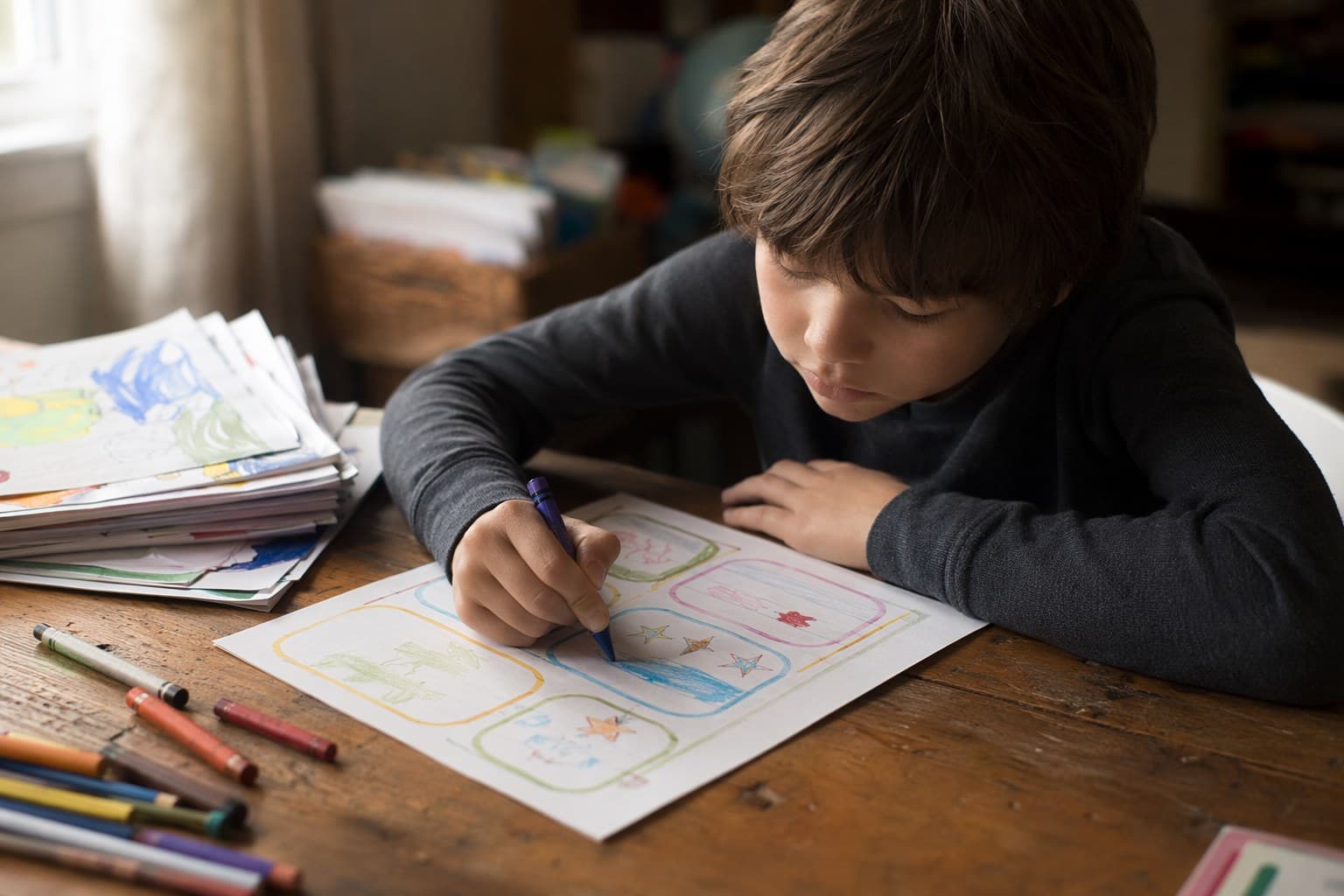 Child filling out a colorful year-end reflection sheet at a table with crayons