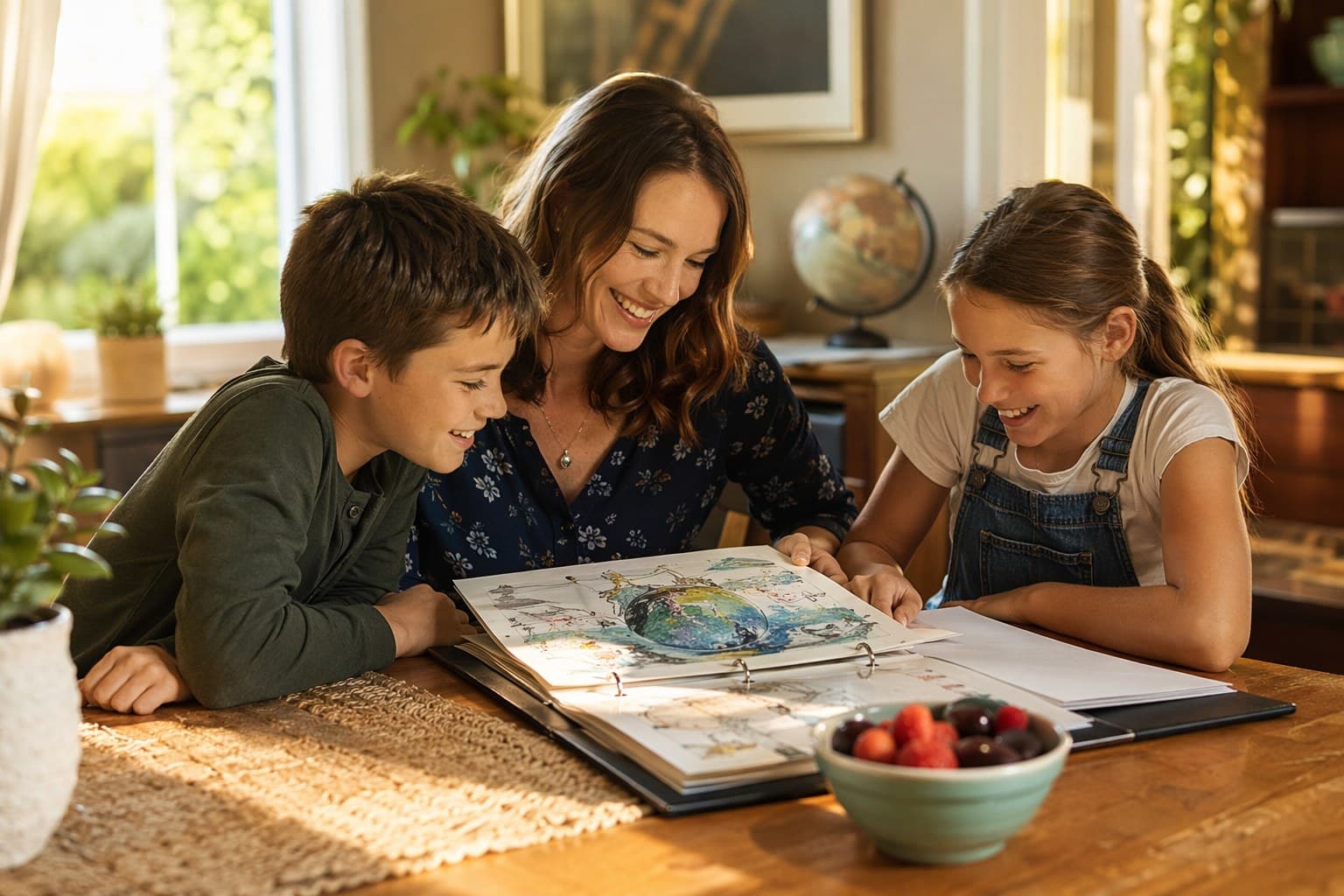 Family gathered around a table celebrating the end of the homeschool year with a child's portfolio open