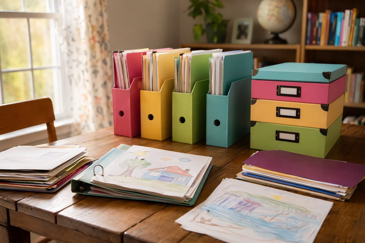 Organized homeschool portfolio folders, labeled file boxes, and a child's year-end work spread on a sunny table