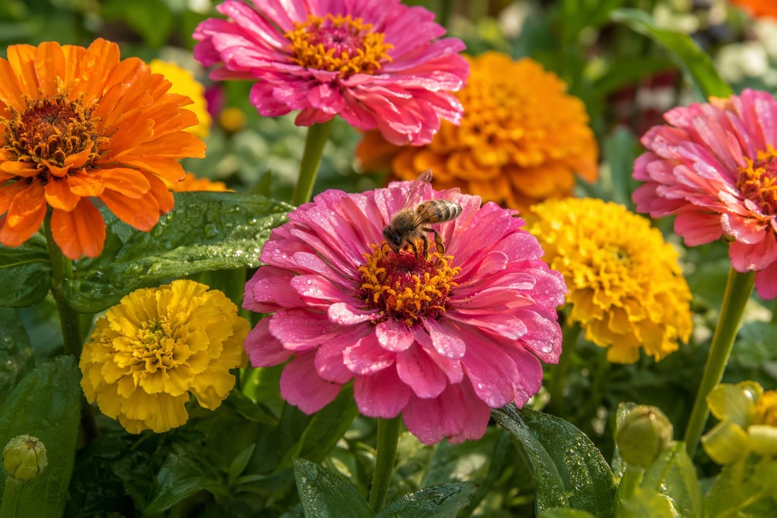 Child kneeling between rows of vegetable seedlings and blooming flowers in a sunny spring garden