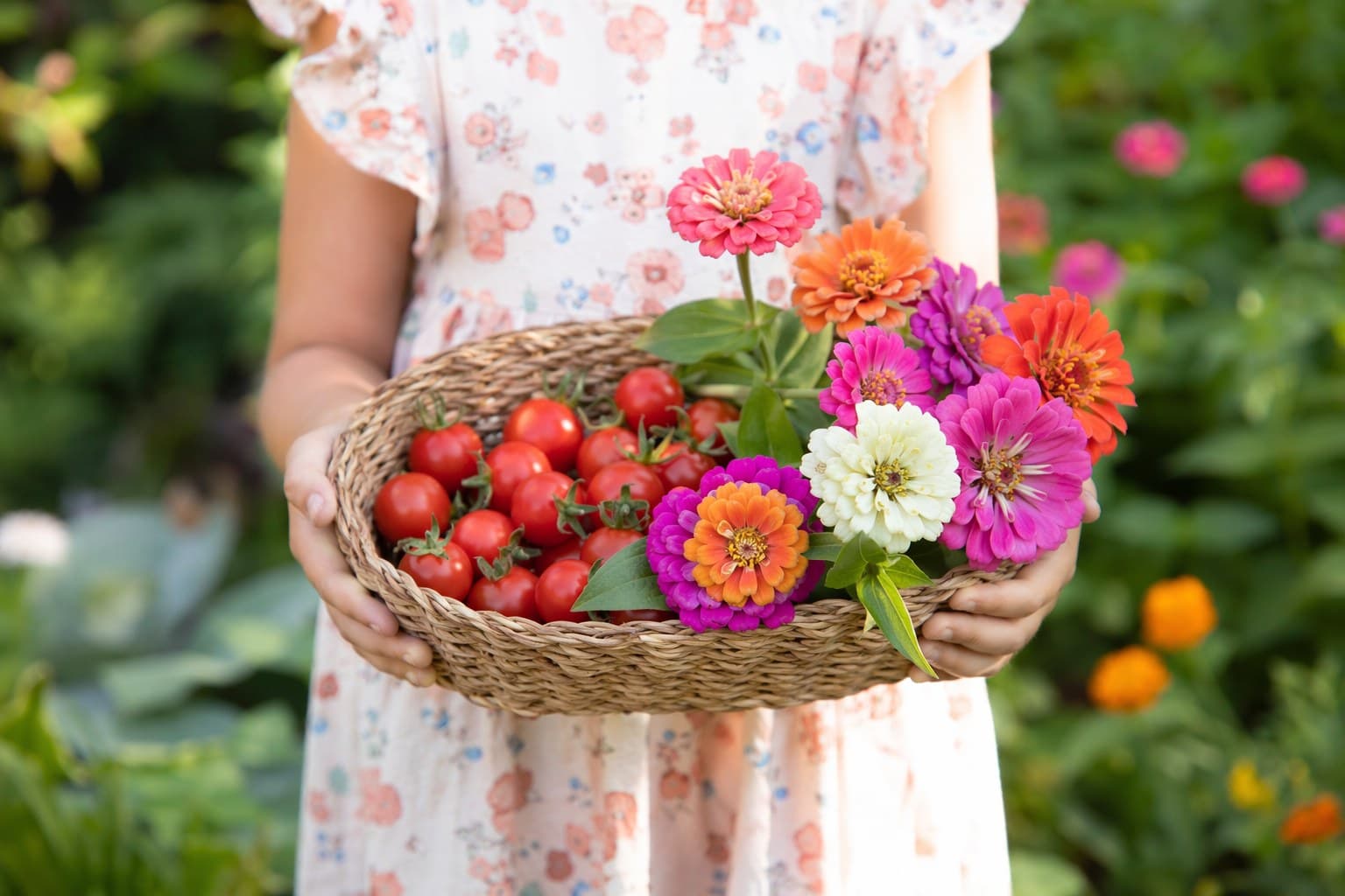 Bright zinnias and marigolds in full bloom with a bee visiting a flower