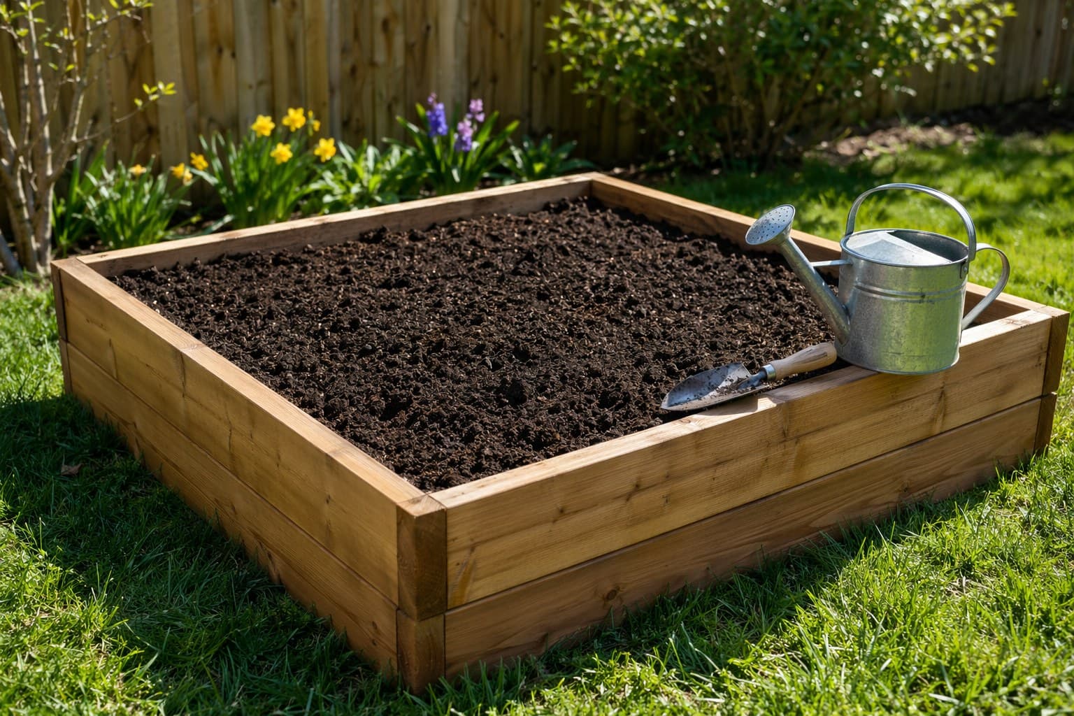 Raised garden bed filled with dark soil and a trowel resting on the frame in spring sunlight