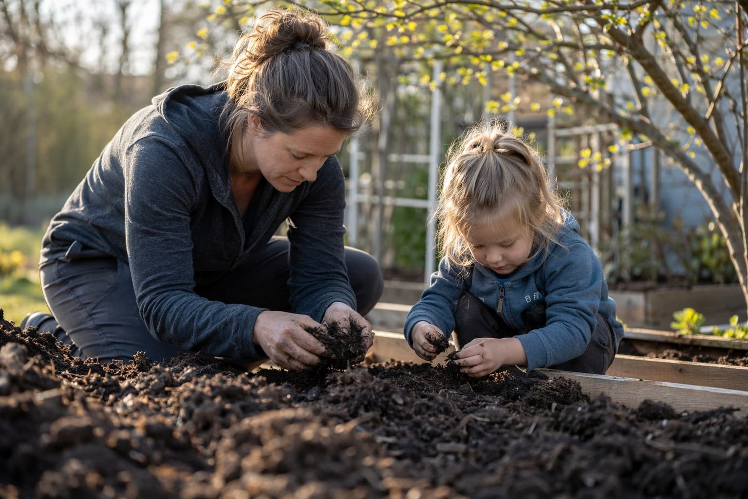 Parent and young child crumbling dark soil in a raised garden bed in spring sunlight