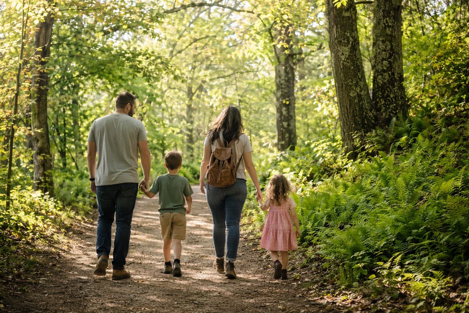 A family walking together along a sun-dappled spring nature trail lined with green ferns and tall trees