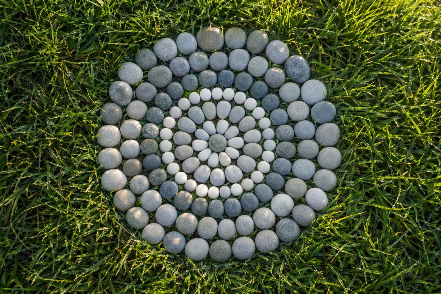 Circular nature mandala made of stones, petals, and leaves arranged on grass