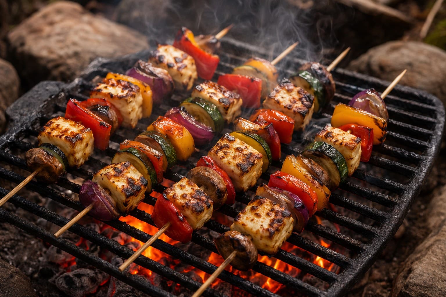 A child carefully threading colorful vegetable pieces onto wooden skewers at a wooden outdoor prep table in warm afternoon light