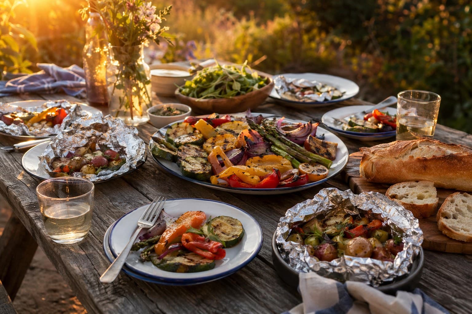 Colorful vegetable and cheese kebabs cooking on a metal grill grate over glowing campfire coals