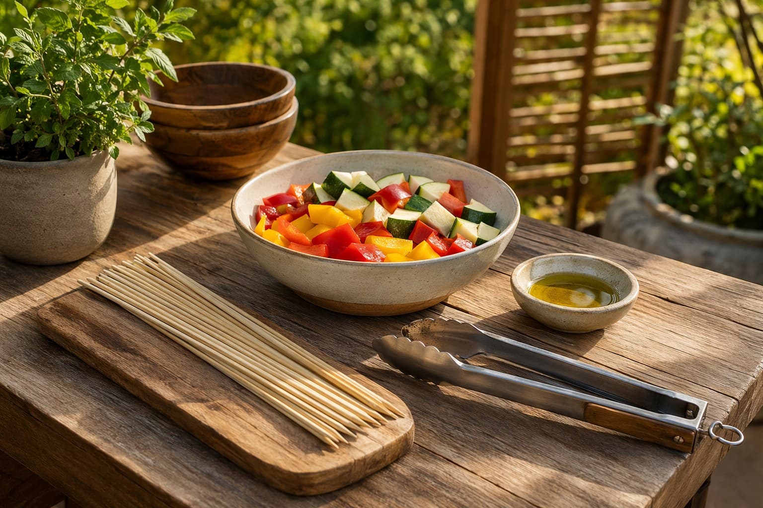 A family-style outdoor meal of grilled vegetables, foil packets, and bread laid out on a wooden picnic table at golden hour