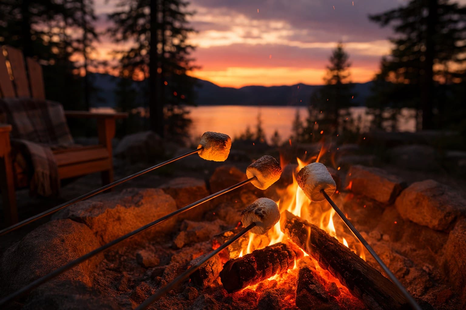 Children roasting marshmallows on long sticks over a glowing evening campfire