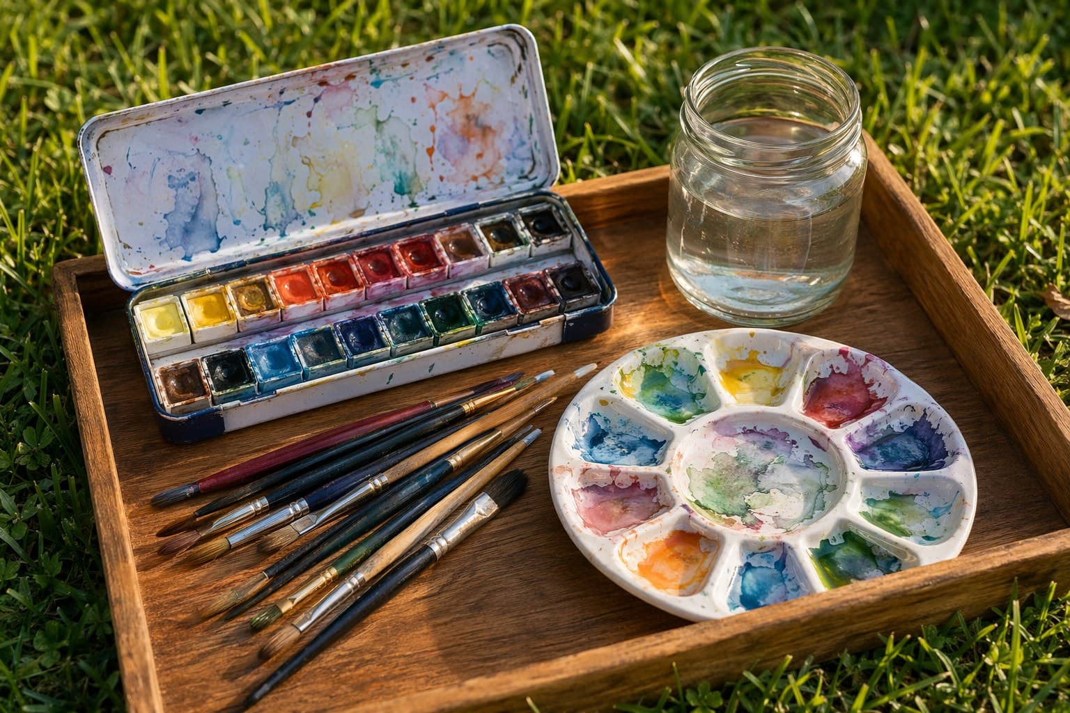 A wooden easel set up among blooming tulips and daffodils in a sunlit spring garden