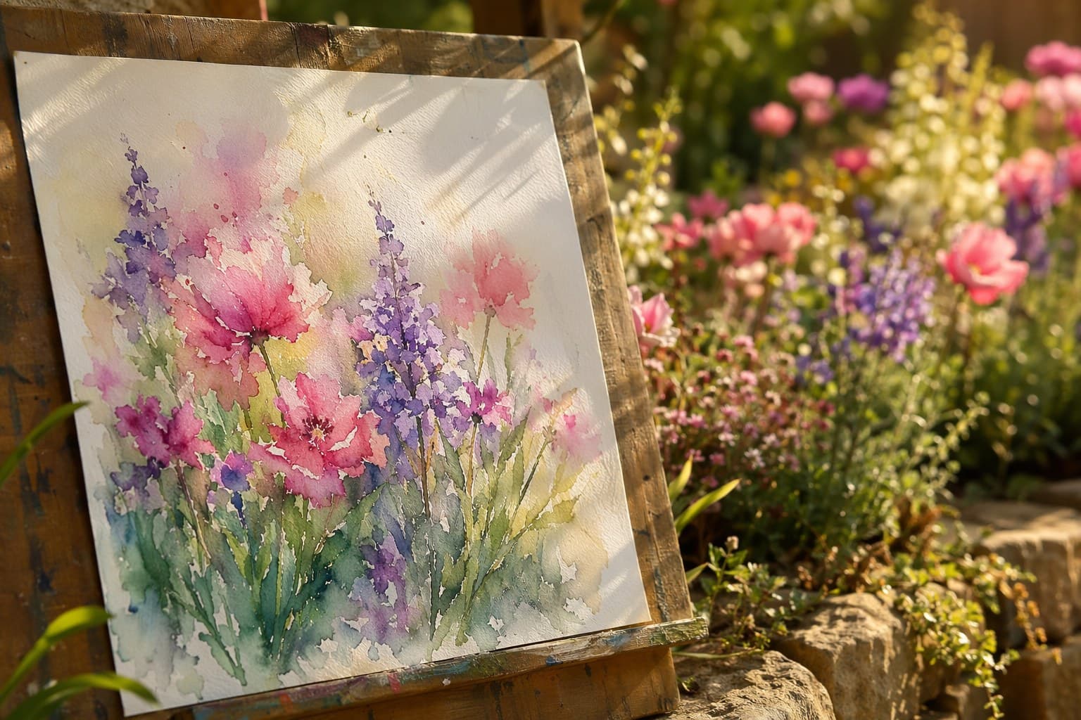 A tray with watercolor paint set, brushes, a paint palette, and a water jar arranged on garden grass