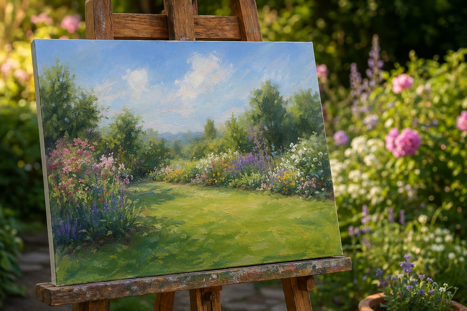 A wet watercolor painting of spring flowers drying on a board in the sun beside a garden bed