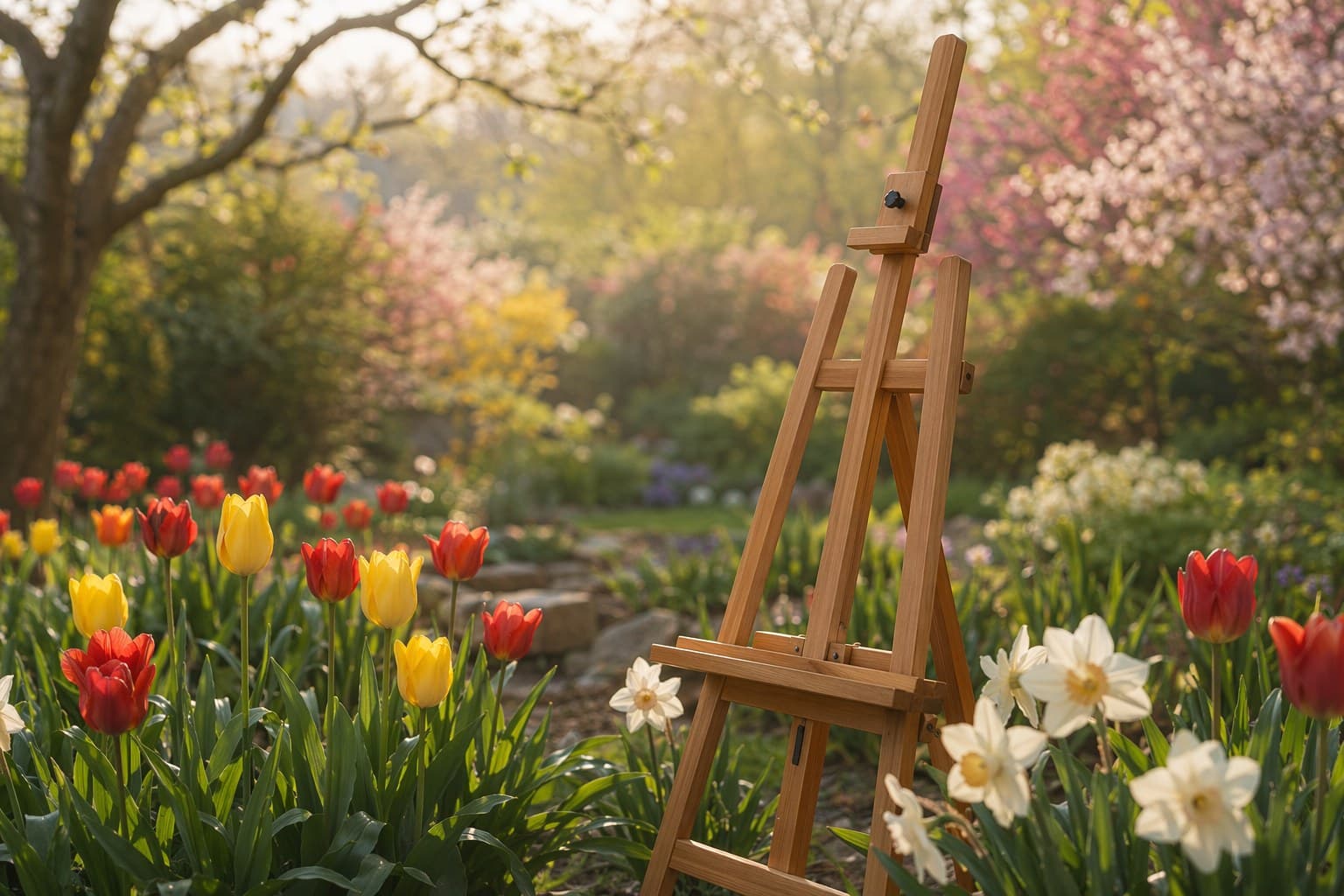 A wooden easel set up among blooming tulips and daffodils in a sunlit spring garden