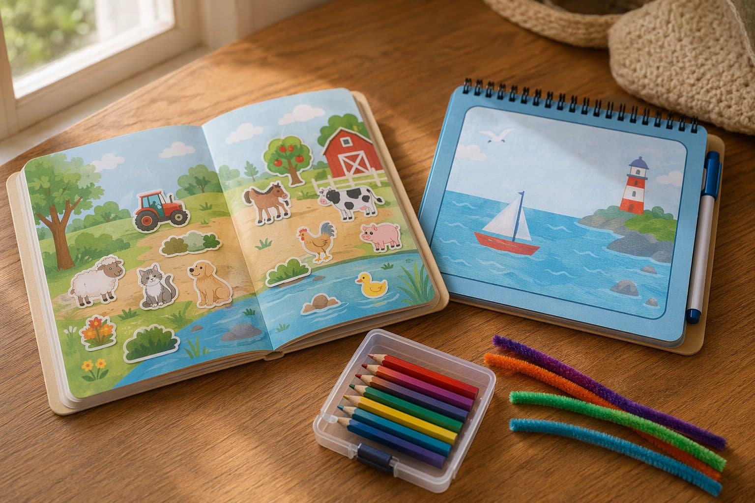 Activity tray, travel game cards, and a reusable sticker scene laid out on a car seat in warm afternoon light