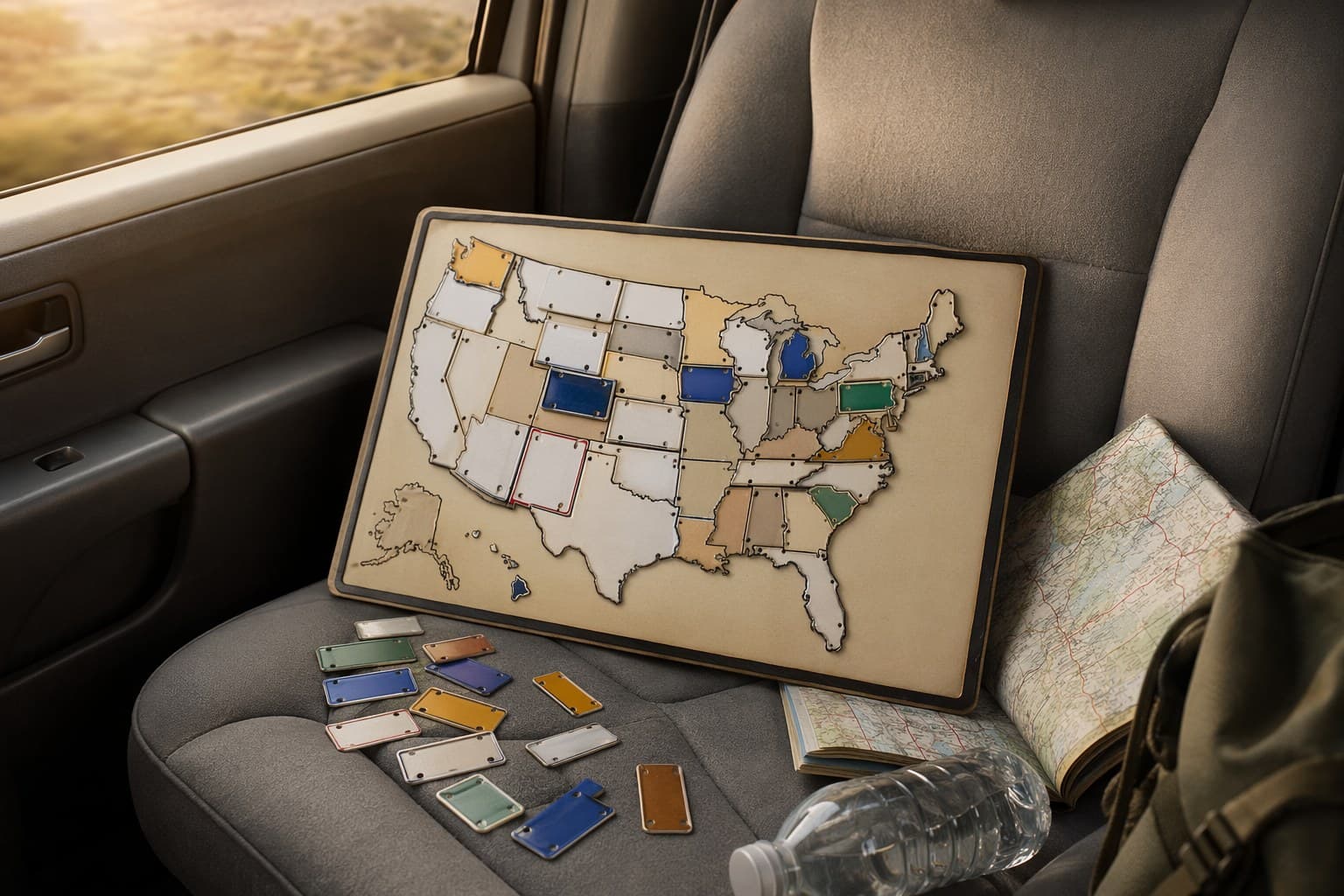 License plate game board with a map being marked, a deck of travel cards, and a divided snack container on a car seat