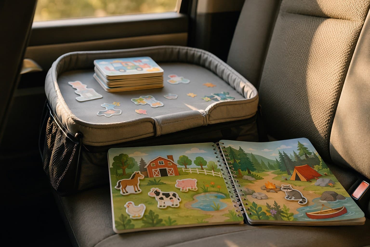 Activity tray, travel game cards, and a sticker scene set out on a car seat in warm afternoon light