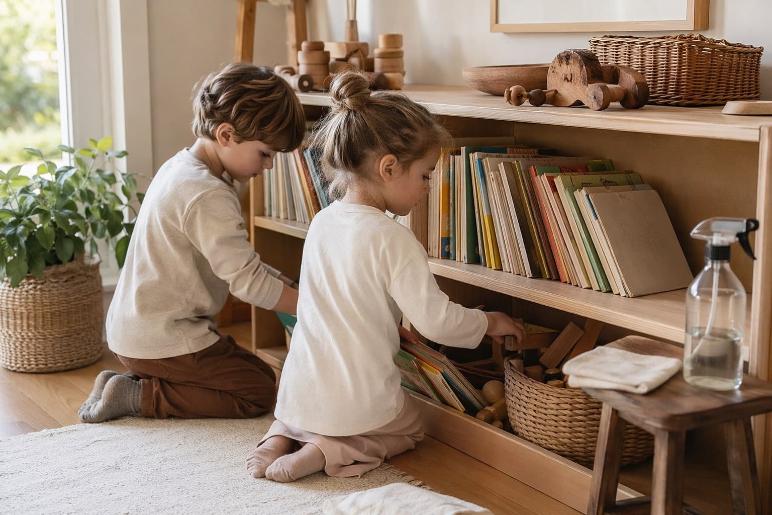 A toddler crouched on a hardwood floor using a small wooden-handled brush and dustpan to sweep