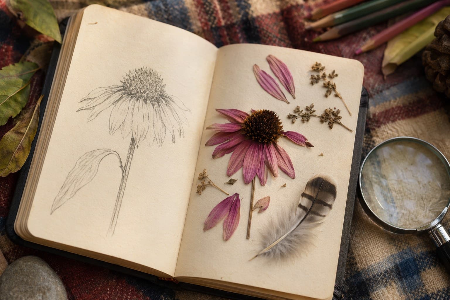 A nature journal page with sketches, pressed flowers, and field notes from the trip