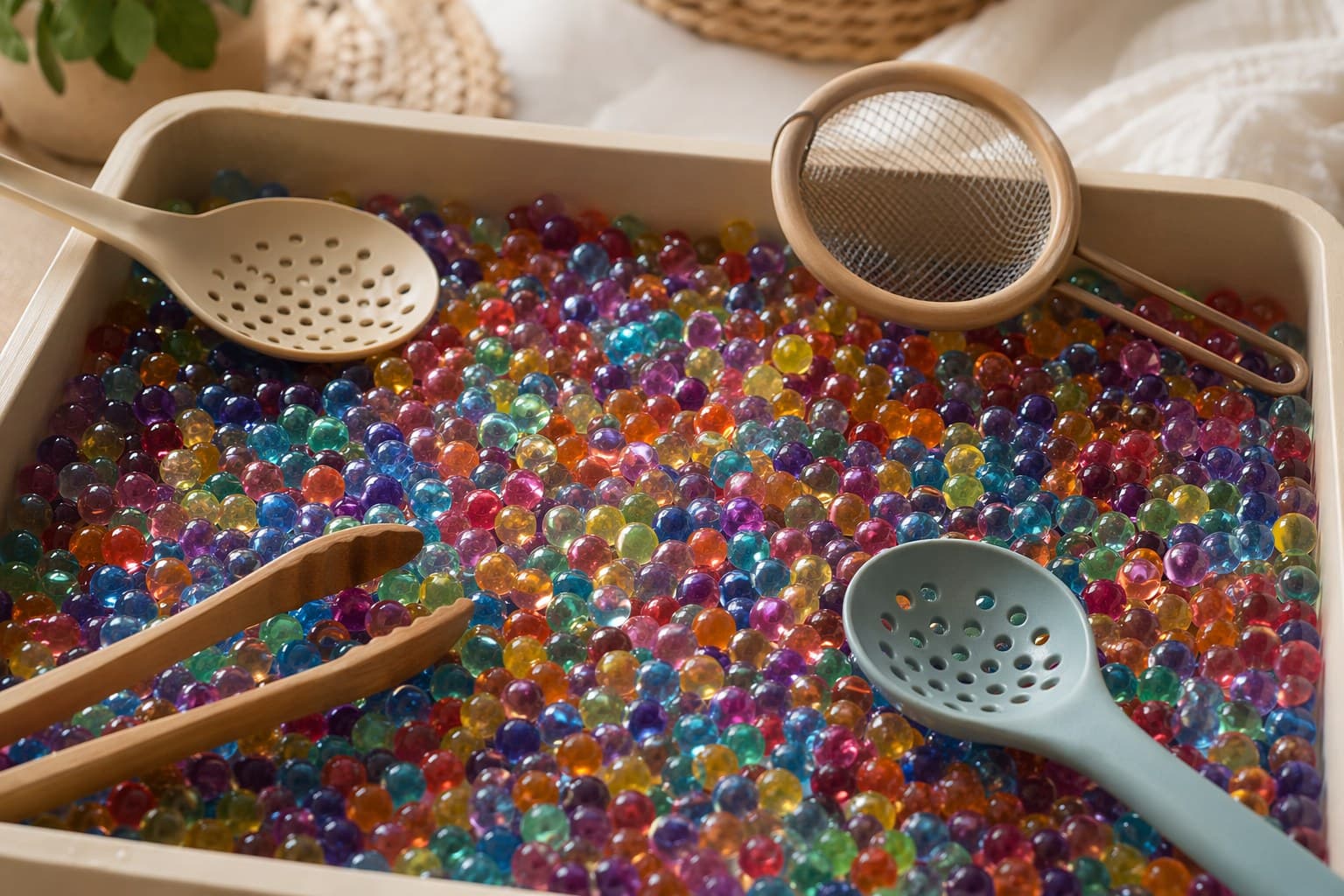 A shallow bin filled with translucent water beads, slotted spoons and small sieves resting along the edge