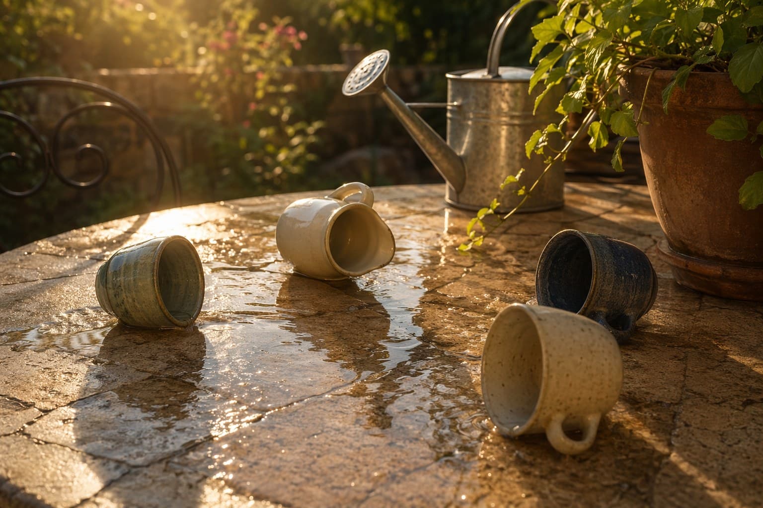 Cups and a small pitcher tipped on a sunlit patio table, water catching the afternoon light beside a watering can