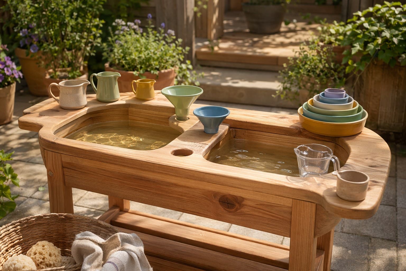 A wooden water table set up on a sunlit patio with cups and scoops