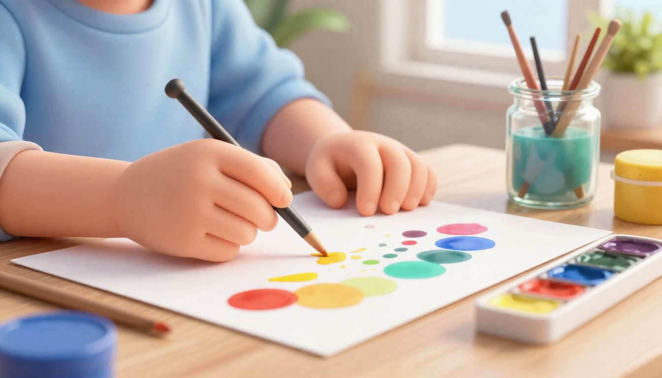 Child painting a colorful watercolor wash with a large brush on wet paper at a sunlit table