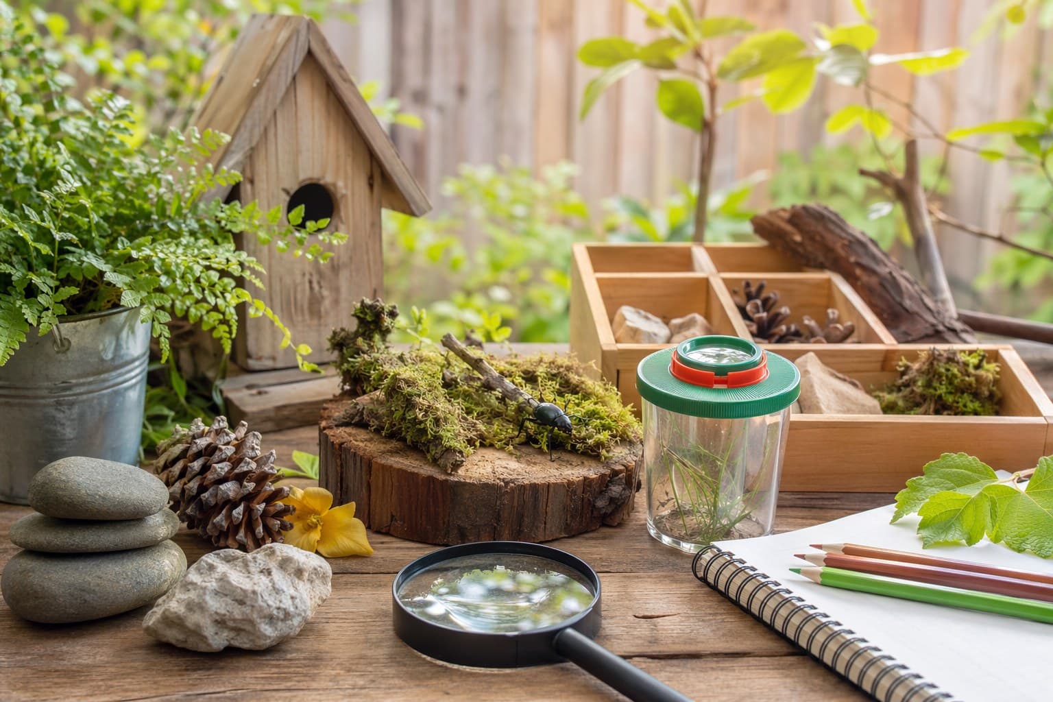 A young child kneels at an outdoor table peering through a magnifying glass at a caterpillar on a leaf in soft afternoon light