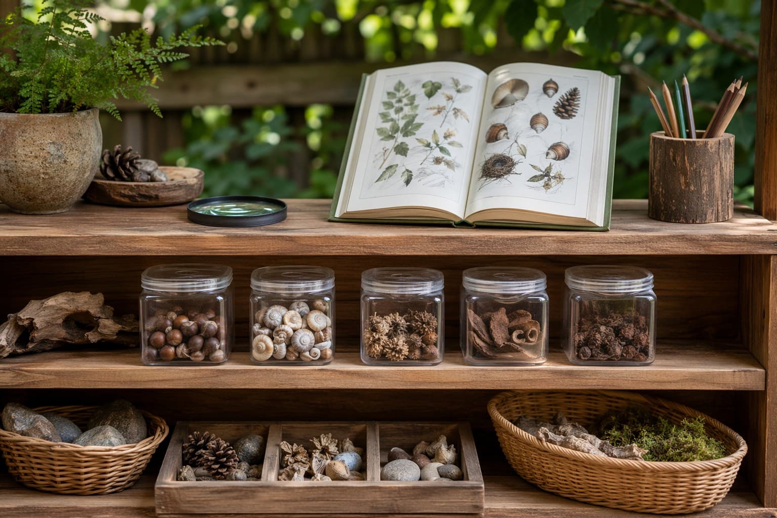 A neat backyard nature shelf with small clear specimen containers of acorns, shells, and seed pods beside an open field guide