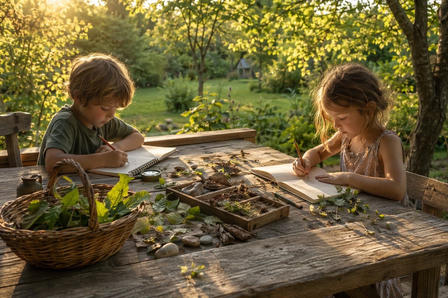 Two children sketch found leaves and stones into journals at an outdoor wooden table in golden-hour light